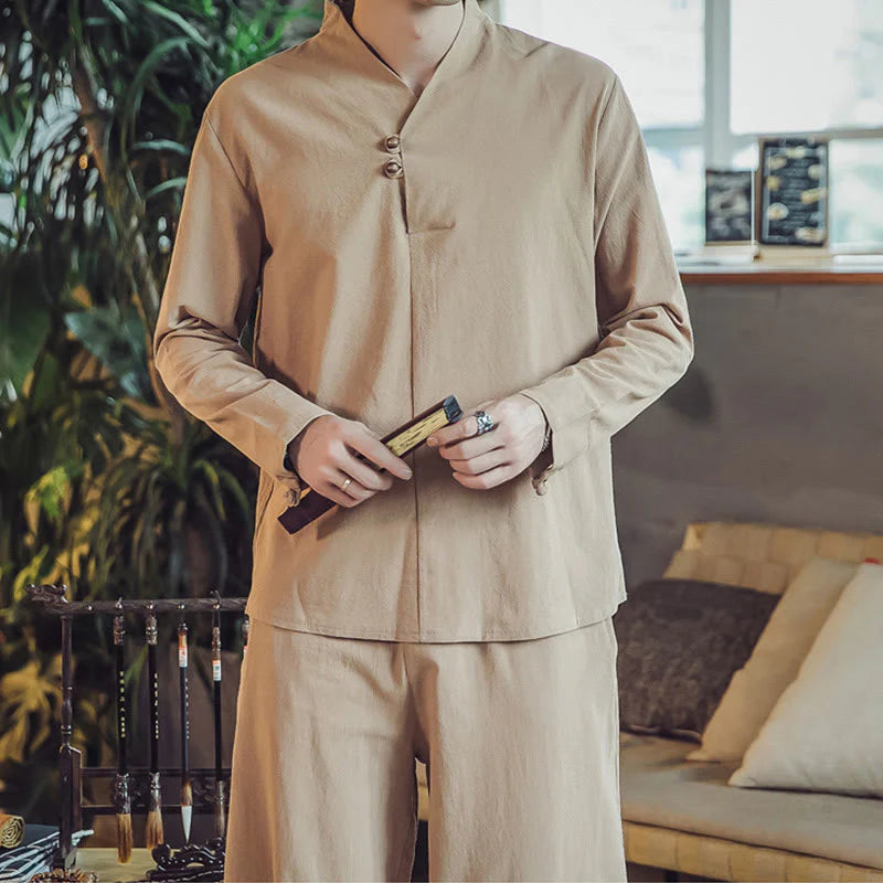 Buddha Stones 2Pcs Shirt Ankle-Length Pants With Pockets Men's Meditation Cloth Set