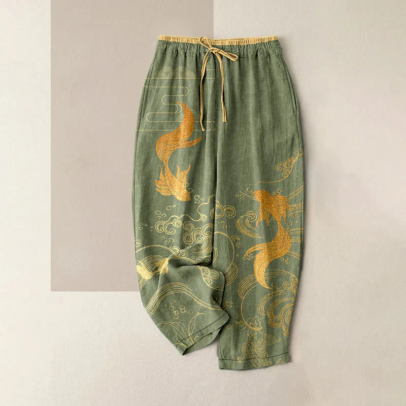 Buddha Stones Pure Cotton Koi Fish Wave Pattern Women's Elastic Waist Pants With Pockets