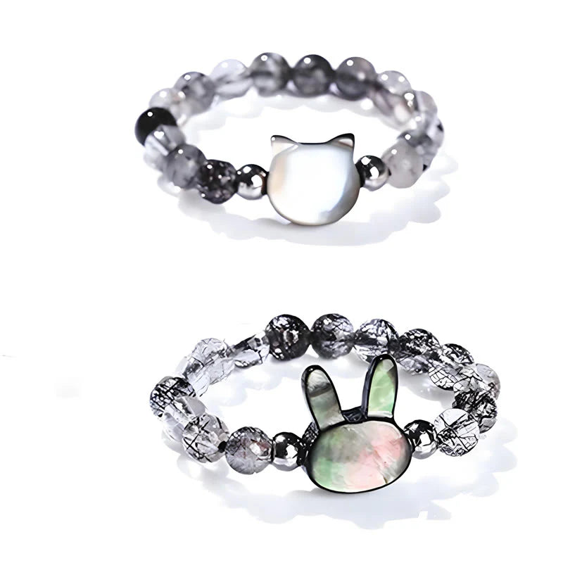 Buddha Stones 3mm Black Rutilated Quartz Tridacna Stone Rabbit Cat Ring
