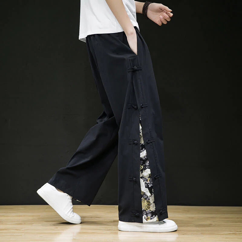 Buddha Stones Casual Patchwork Crane Pattern Frog-Button Design Men's Wide Leg Pants With Pockets