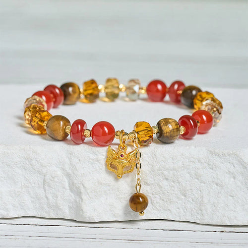 Buddha Stones Red Agate Tiger Eye Fox Charm Calm Beaded Bracelet