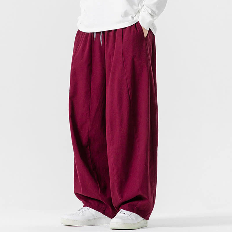 Buddha Stones Fall Solid Color Cotton Elastic Waist Men's Harem Pants With Pockets