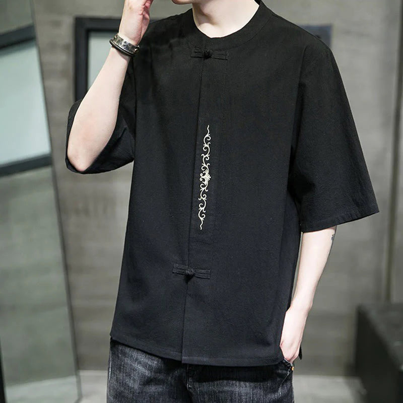 Buddha Stones Casual Solid Color Frog-Button Embroidery Men's Cotton Linen Shirt Cardigan