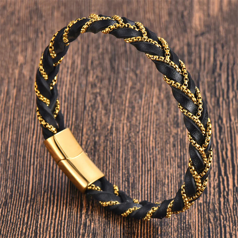 Buddha Stones Simple Design Titanium Steel Calm Braided Leather Buckle Bracelet