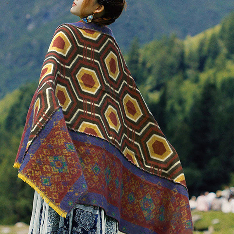 Buddha Stones Tibetan Shawl Brown Blue Red Geometric Shapes Pattern Winter Cozy Travel Scarf Wrap