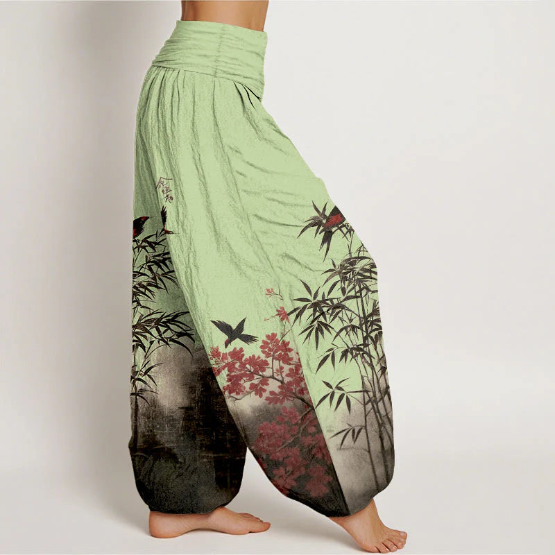 Buddha Stones Cotton Classical Bamboo Bird Flower Pattern Women's Elastic Waist Harem Pants
