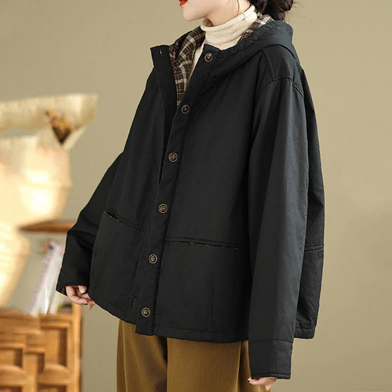 Buddha Stones Plaid Hoodie Pattern Women's Long Sleeve Cotton Thickened Jacket With Pockets