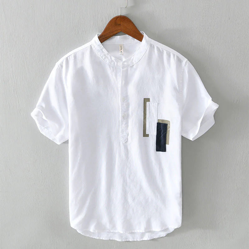 Buddha Stones Daily Plain Patch Color Matching Design Men's Short Sleeve Cotton Linen Shirt