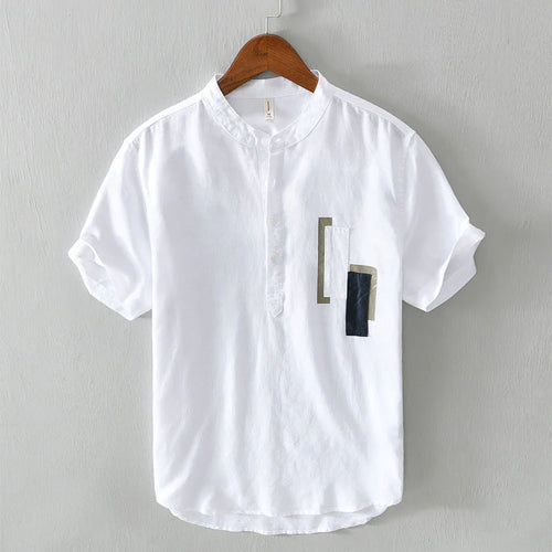 Buddha Stones Daily Plain Patch Color Matching Design Men's Short Sleeve Cotton Linen Shirt