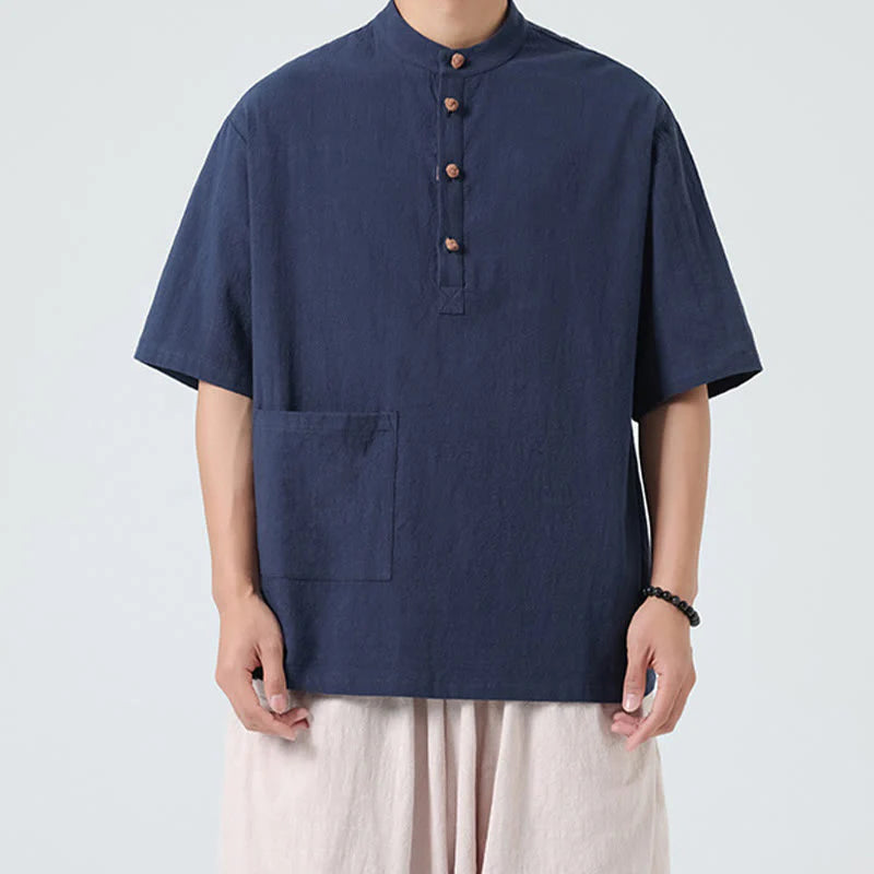 Buddha Stones Casual Half Frog-Button Design Stand Collar Tang Suit Men's Half Sleeve Cotton Shirt With Pocket