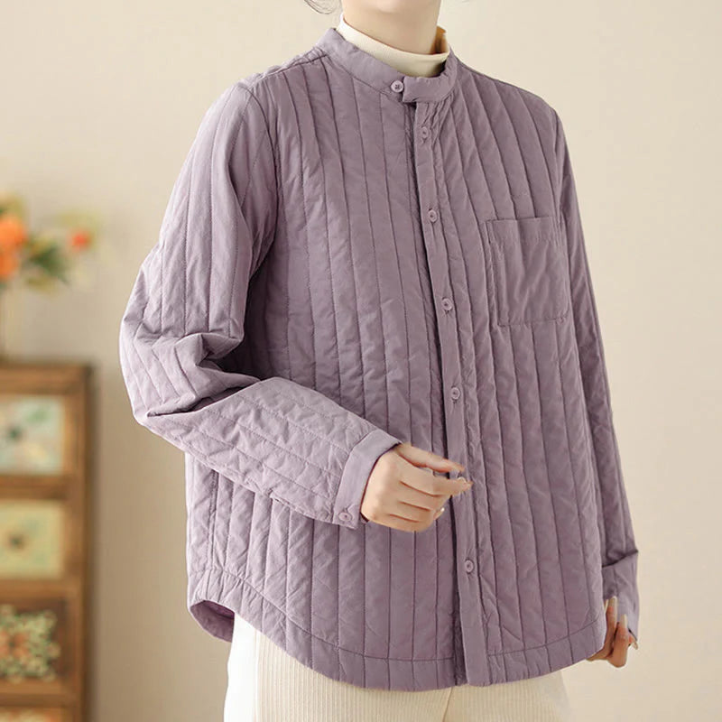 Buddha Stones Women's Stand Collar Simple Design Long Sleeve Thermal Cotton Jacket With Pocket