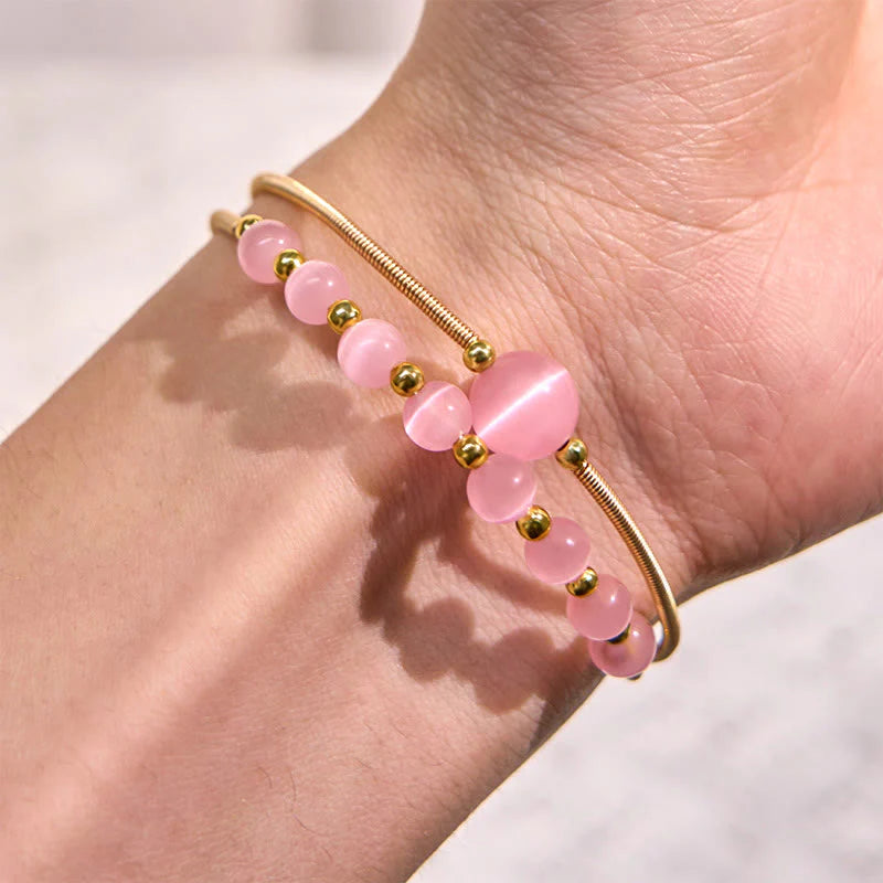 Buddha Stones 14K Gold Filled Copper Pink Cat Eye Support Metal Cuff Bracelet Bangle