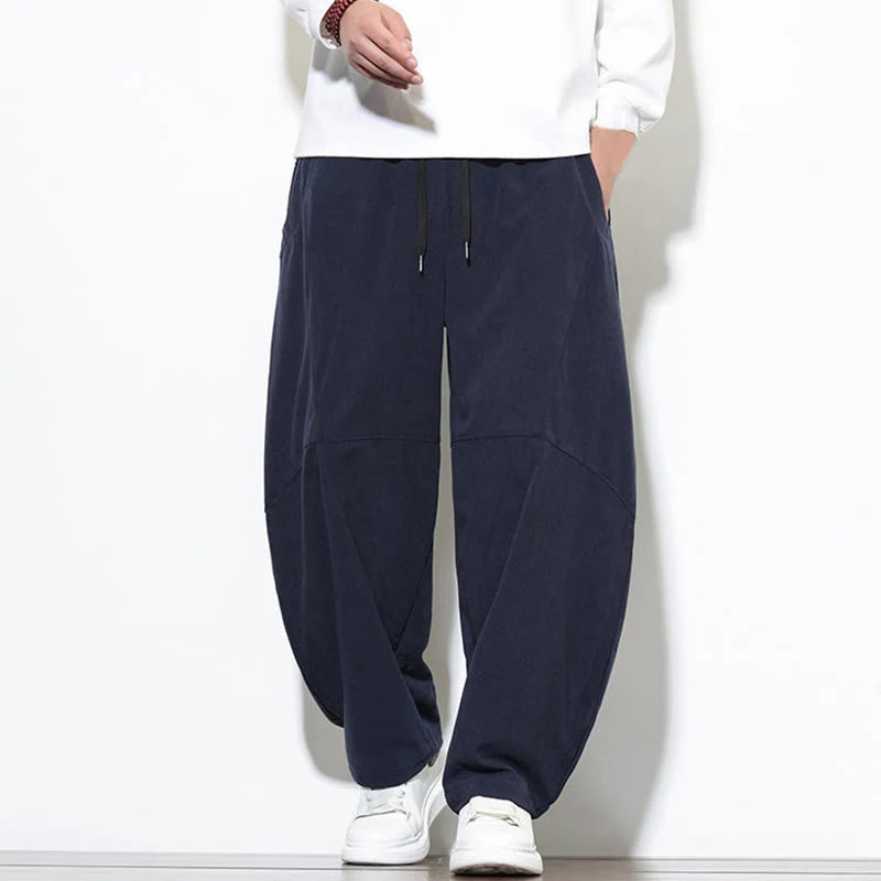 Buddha Stones Drawstring Solid Color Tapered Design Cotton Corduroy Men's Harem Pants With Pockets
