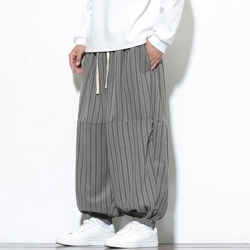 Buddha Stones Fall Striped Pattern Drawstring Men's Harem Corduroy Pants With Pockets