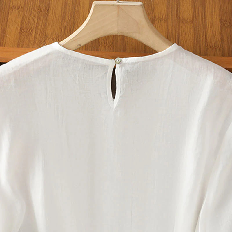 Buddha Stones Casual Pure Color Crew Neck Women's Cotton Linen Three Quarter Sleeve Shirt