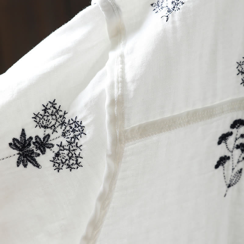Buddha Stones Floral Embroidery Buttons Down Long Sleeve Women's Cotton Shirt