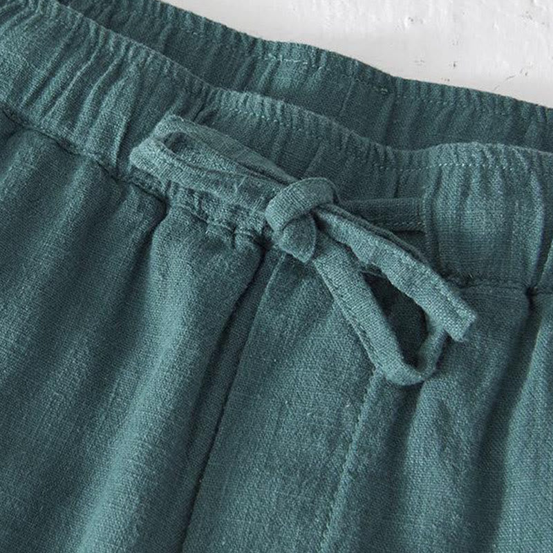 Buddha Stones Summer Solid Color Drawstring Elastic Waist Men's Cotton Linen Shorts With Pockets