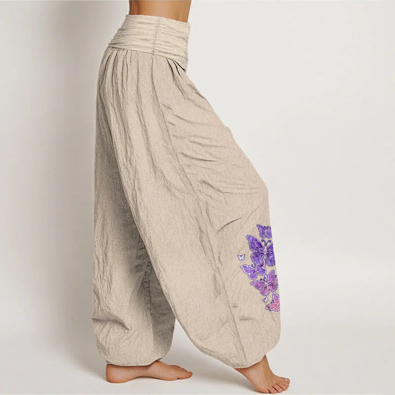Buddha Stones Pure Cotton Pastel Butterfly Pattern Women's Elastic Waist Harem Pants