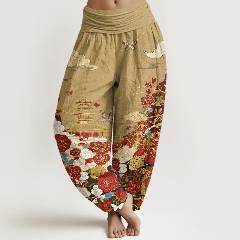 Buddha Stones Cotton Butterfly Rose Pagoda Heart Pattern Women's Elastic Waist Harem Pants