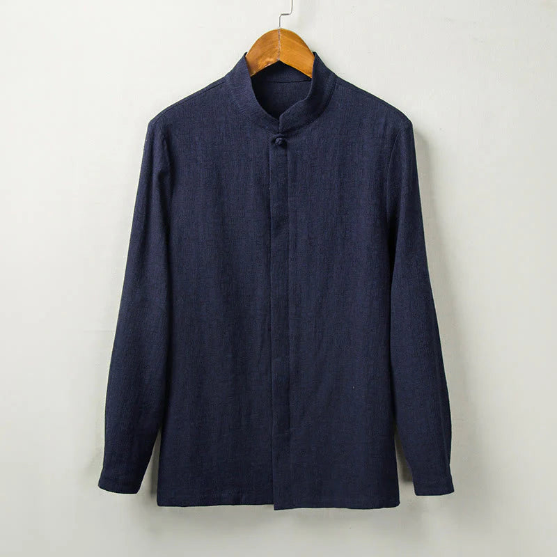Buddha Stones Fall Solid Long Sleeve Button Shirt Cotton Linen Men Clothing