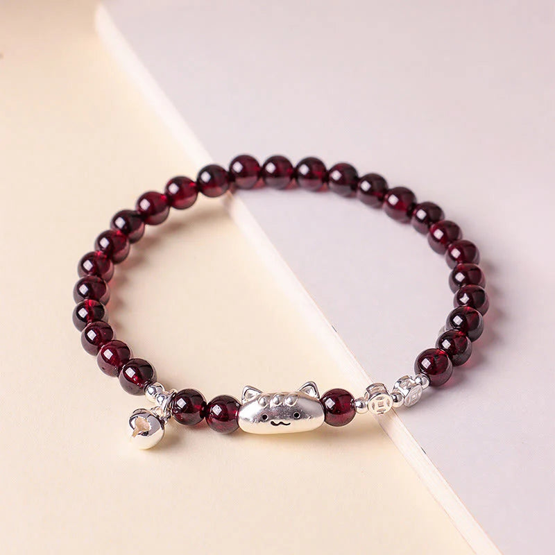 Buddha Stones 999 Sterling Silver Natural Cute Cat Head Garnet Protection Bead Bracelet