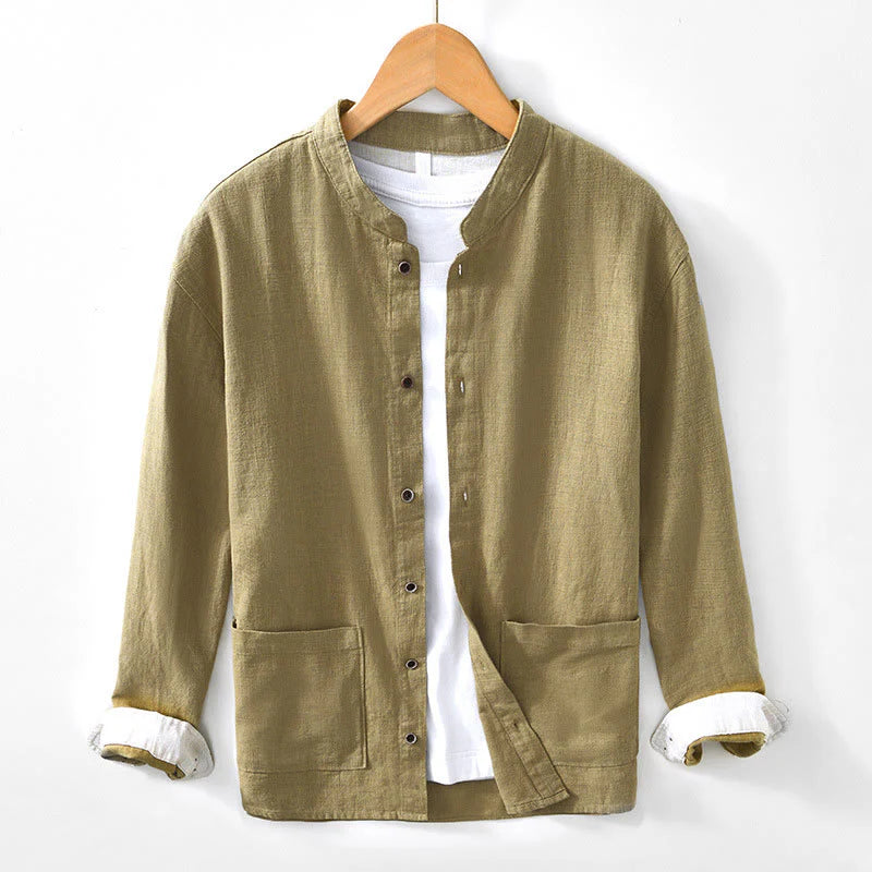 Buddha Stones Solid Color Men's Buttons Long Sleeve Cotton Linen Shirt With Pockets