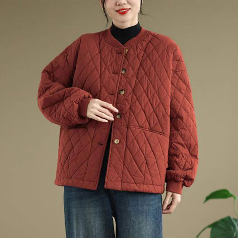 Buddha Stones Diamond Grid Pattern Women's Long Sleeve Cotton Thickened Jacket With Pockets