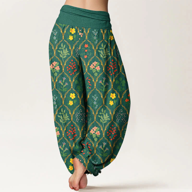 Buddha Stones Pure Cotton Brilliant Flowers Berries Leaves Pattern Women's Elastic Waist Harem Pants