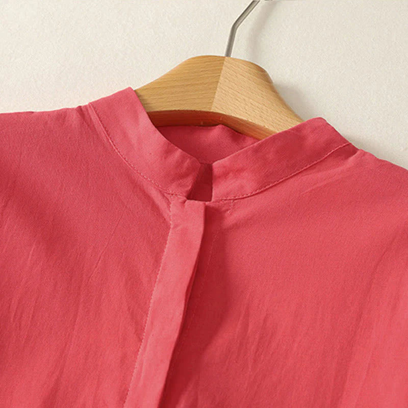 Buddha Stones Summer Stand Collar Short Sleeve Plain Women's Buttons Cotton Shirt With Pocket