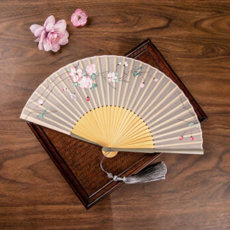 Buddha Stones Jasmine Lotus Begonia Flowers Handheld Bamboo Folding Fan (Extra 30% Off | USE CODE: FS30)