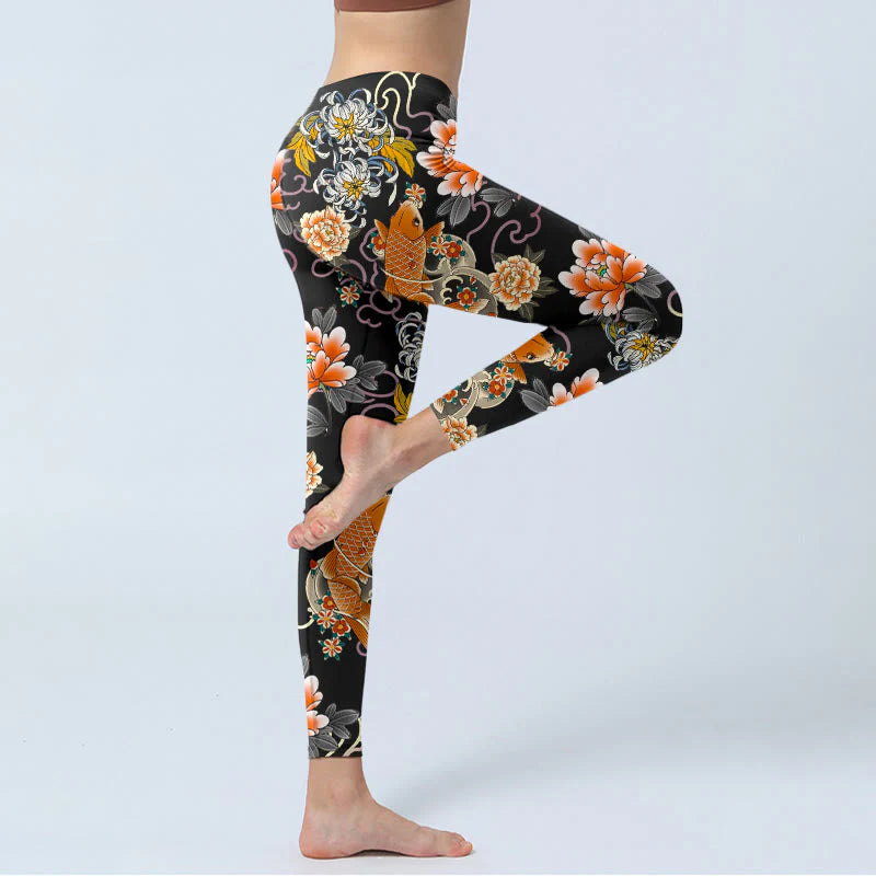 Buddha Stones Koi Fish Peony Chrysanthemum Clouds Pattern Print Gym Leggings Women's Yoga Pants