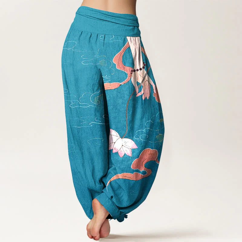 Buddha Stones Pure Cotton Lotus Flower Flowing Ribbons Hand Wearing Prayer Beads Clouds Pattern Women's Elastic Waist Harem Pants