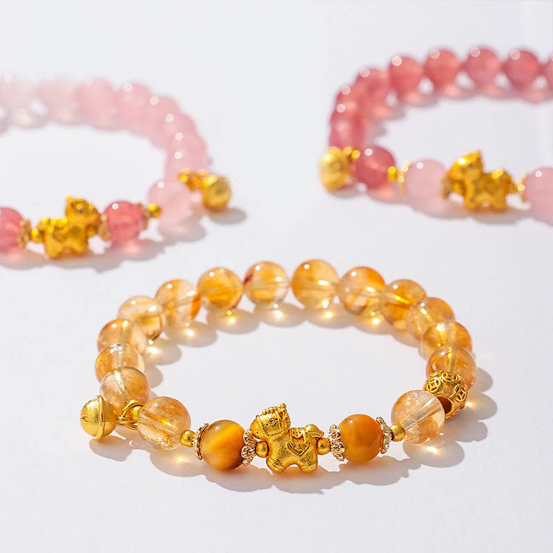 Buddha Stones Year Of The Horse 8mm Citrine Pink Crystal Strawberry Quartz Protection Bracelet