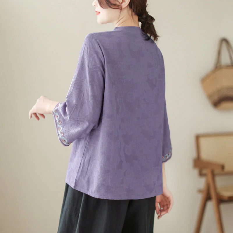 Buddha Stones Jacquard Frog-button Stand Collar Embroidered Three Quarter Sleeve Design Women's Cotton Shirt