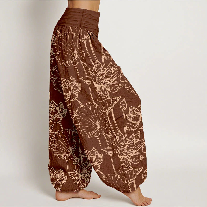 Buddha Stones Cotton Elegant Refined Lotus Flower Leaf Pattern Women's Elastic Waist Harem Pants