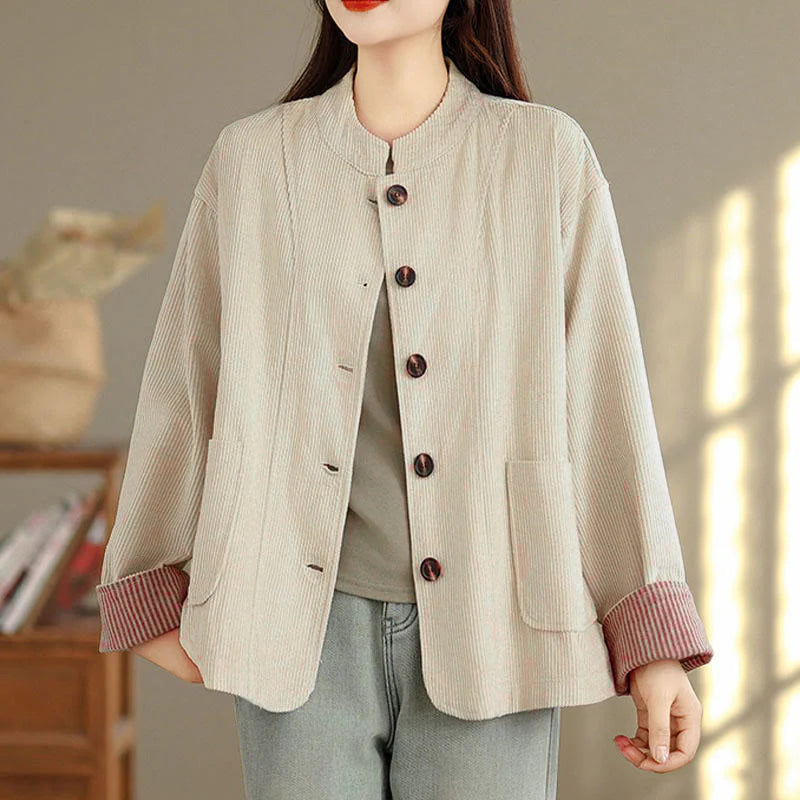 Buddha Stones Buttons Design Corduroy Long Sleeve Women's Jacket With Pockets