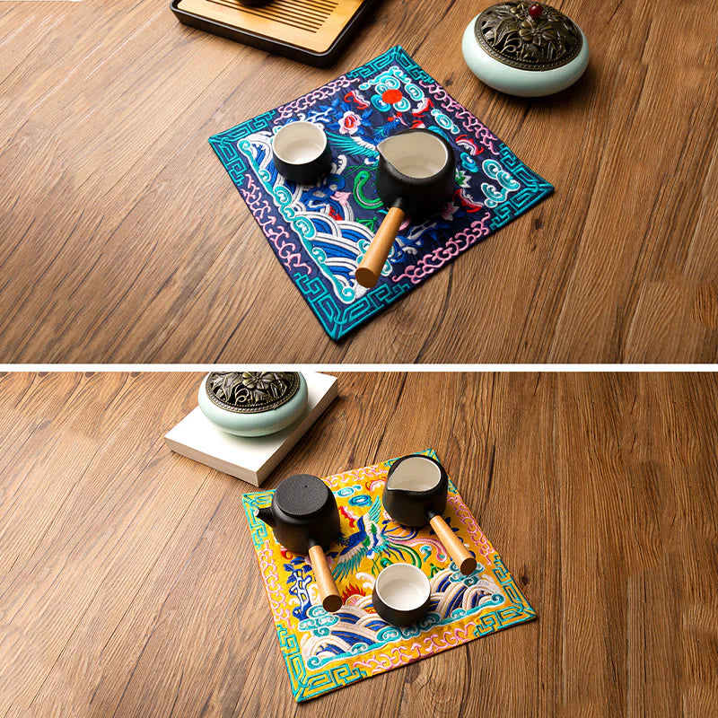 Buddha Stones Phoenix Dragon Kirin Embroidery Cup Mat Pad Tea Cup Coaster Kung Fu Tea Mat