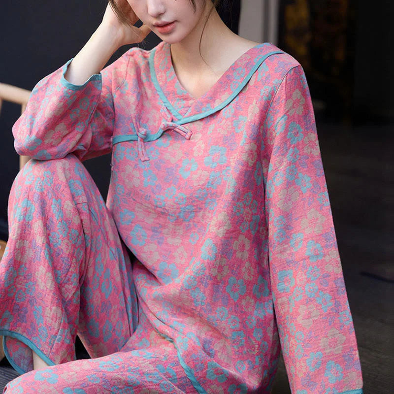 Buddha Stones 2pcs Floral Pattern Frog-Button Long Sleeve Round Neck Shirt Pants Cotton Pajamas Set