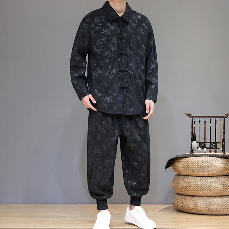 Buddha Stones 2Pcs Winter Thick Bamboo Men's Tang Suit Frog-Button Cotton Corduroy Long Sleeve Jacket Pants Set With Pockets
