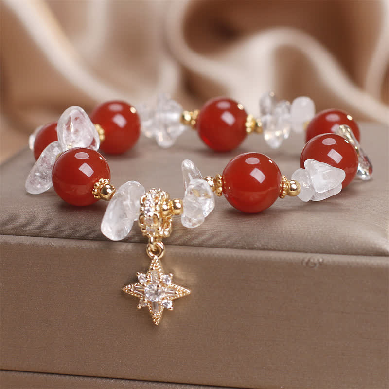 Buddha Stones Natural Red Agate Clear Quartz Hexagram Charm Confidence Bracelet