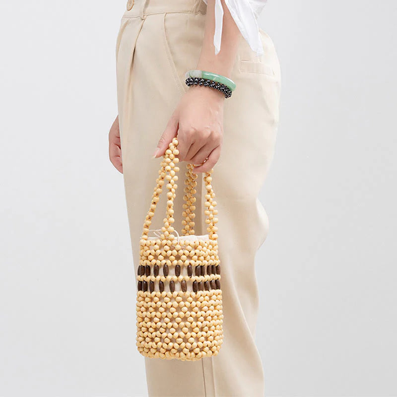 Buddha Stones Hand-woven Bucket Portable Wooden Beads Handbag