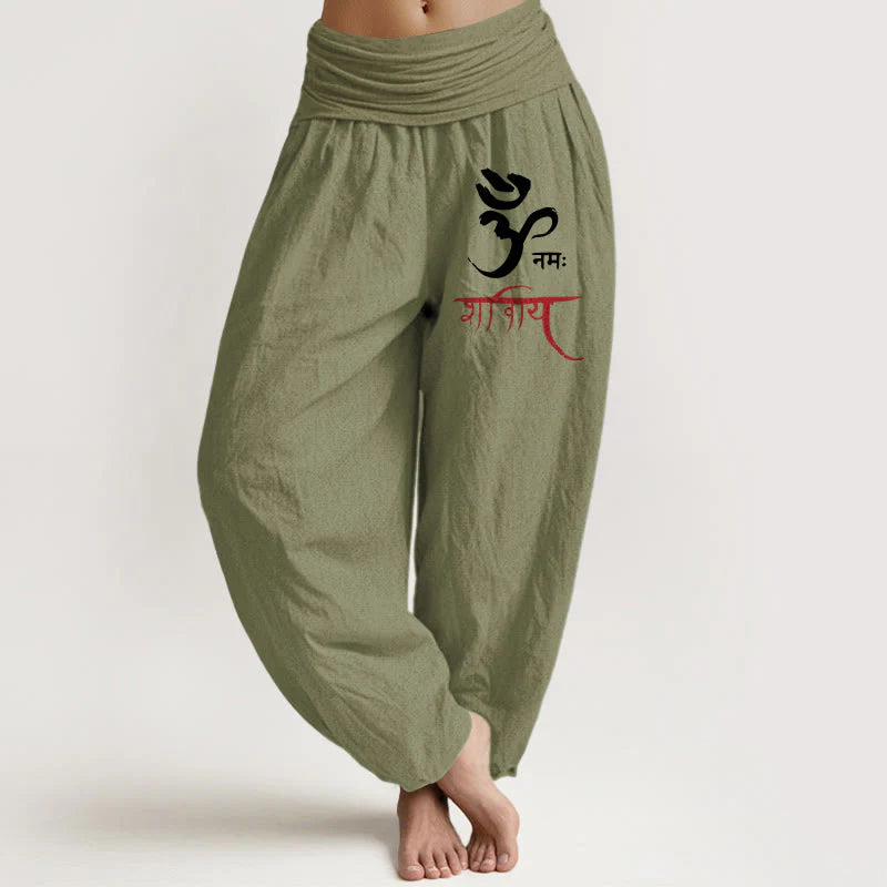 Buddha Stones Om Spells Pattern Women's Elastic Waist Harem Cotton Pants