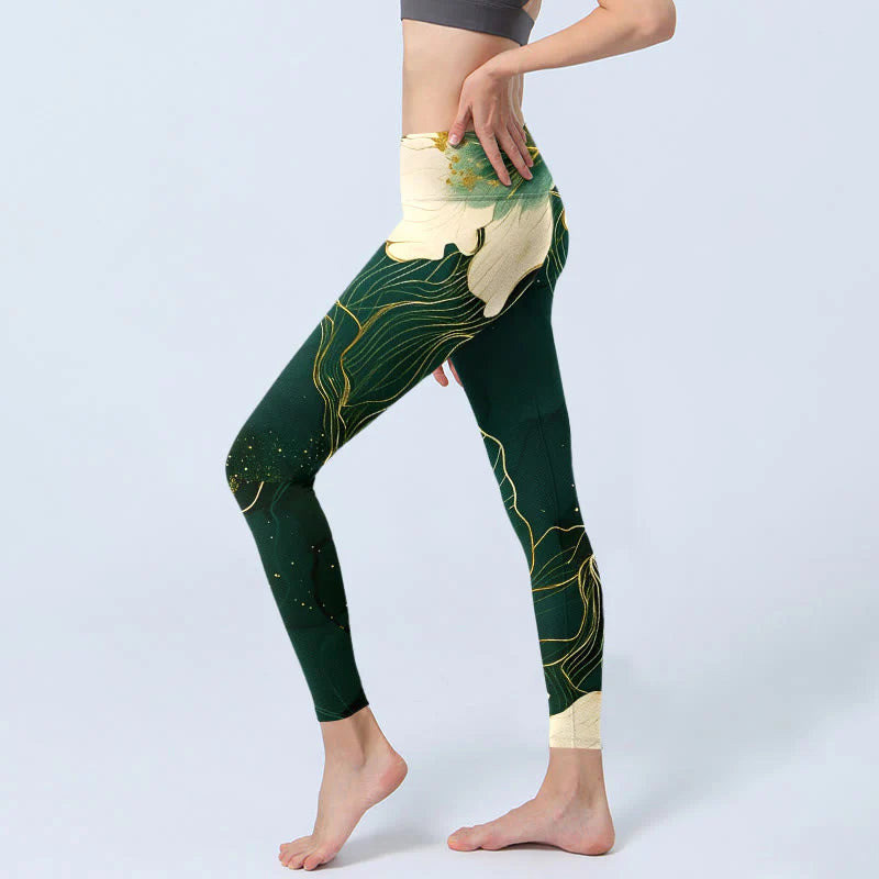 Buddha Stones Elegant Flowers Pattern Print Gym Leggings Women's Yoga Pants
