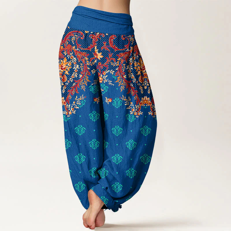 Buddha Stones Cotton Symmetrical Leaf  Scroll Pattern Women's Elastic Waist Harem Pants