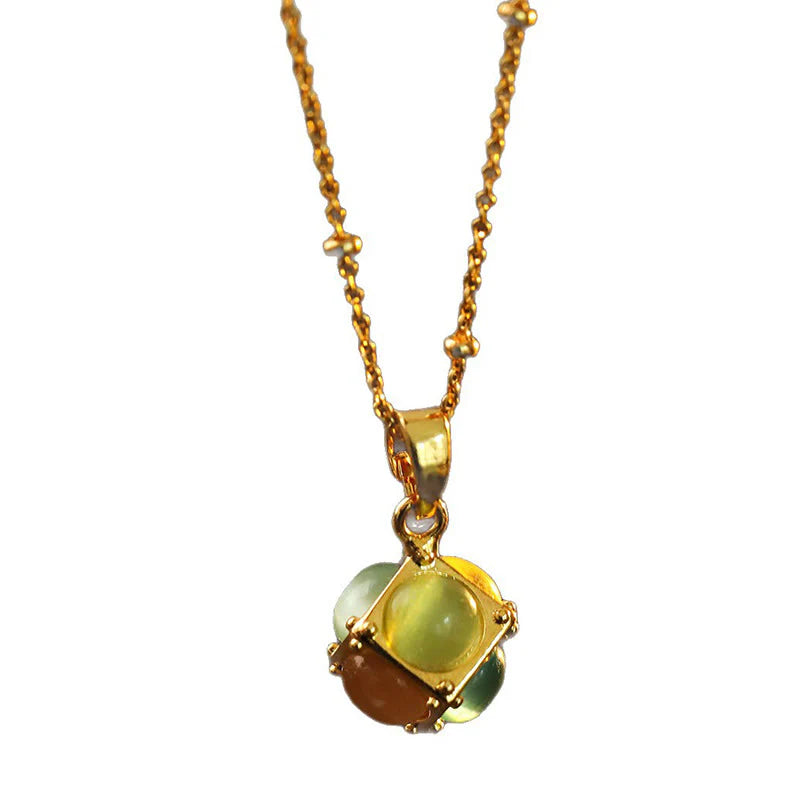 Buddha Stones Multicolored Cat's Eye Inlaid Design Cube Protection Necklace Pendant