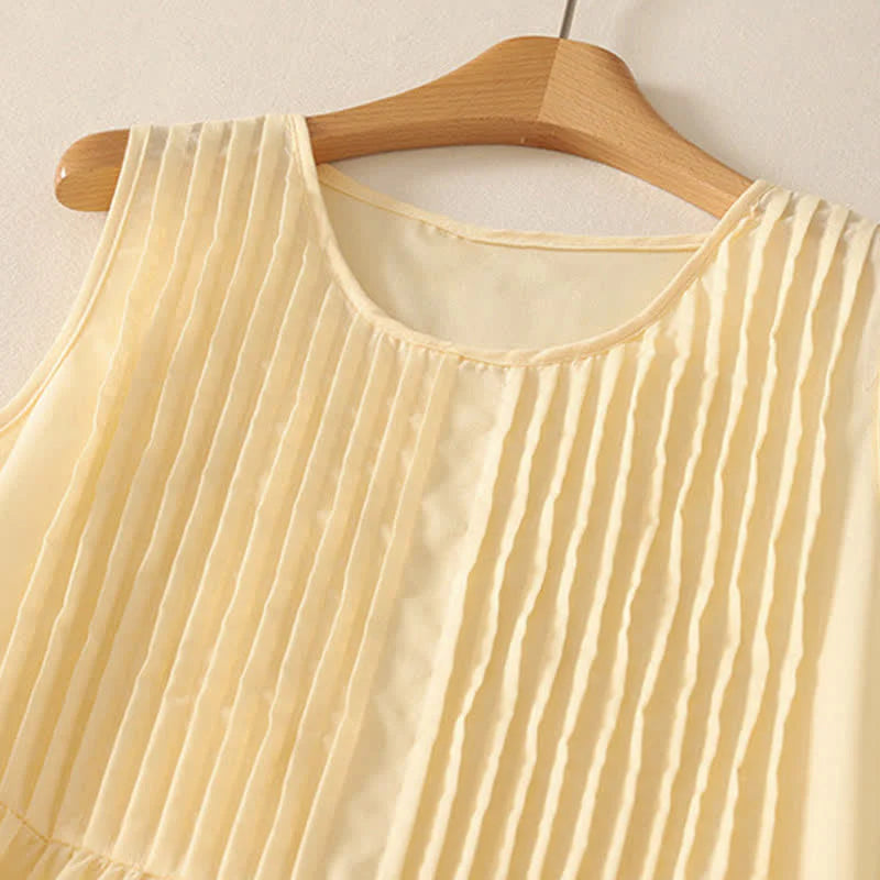 Buddha Stones Summer Pure Color Accordion Pleats Sleeveless Knee Length Dress With Pockets