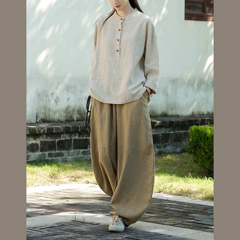 Buddha Stones Solid Color Loose Button Blouse Long Sleeve Shirt Top
