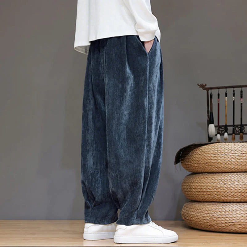 Buddha Stones Winter Pure Color Cotton Men's Harem Thickened Fleece-lined Pants With Pockets