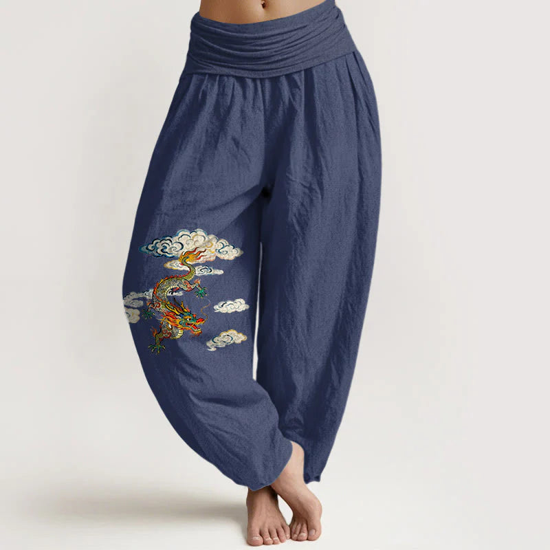 Buddha Stones Pure Cotton Colorful Dragon Cloud Pattern Women's Elastic Waist Harem Pants