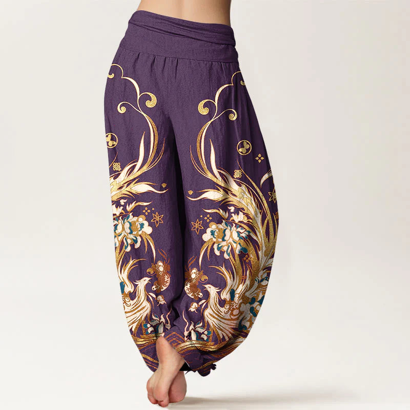 Buddha Stones Cotton Phoenix Butterfly Flower Pattern Women's Elastic Waist Harem Pants